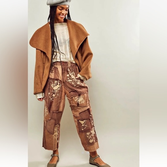 We The Free Pants - Free People We The Free Mystic Haze Embroidered Pants Floral Patched Brown